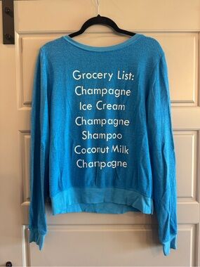 Wildfox Blue Graphic Crewneck Sweater with White Text